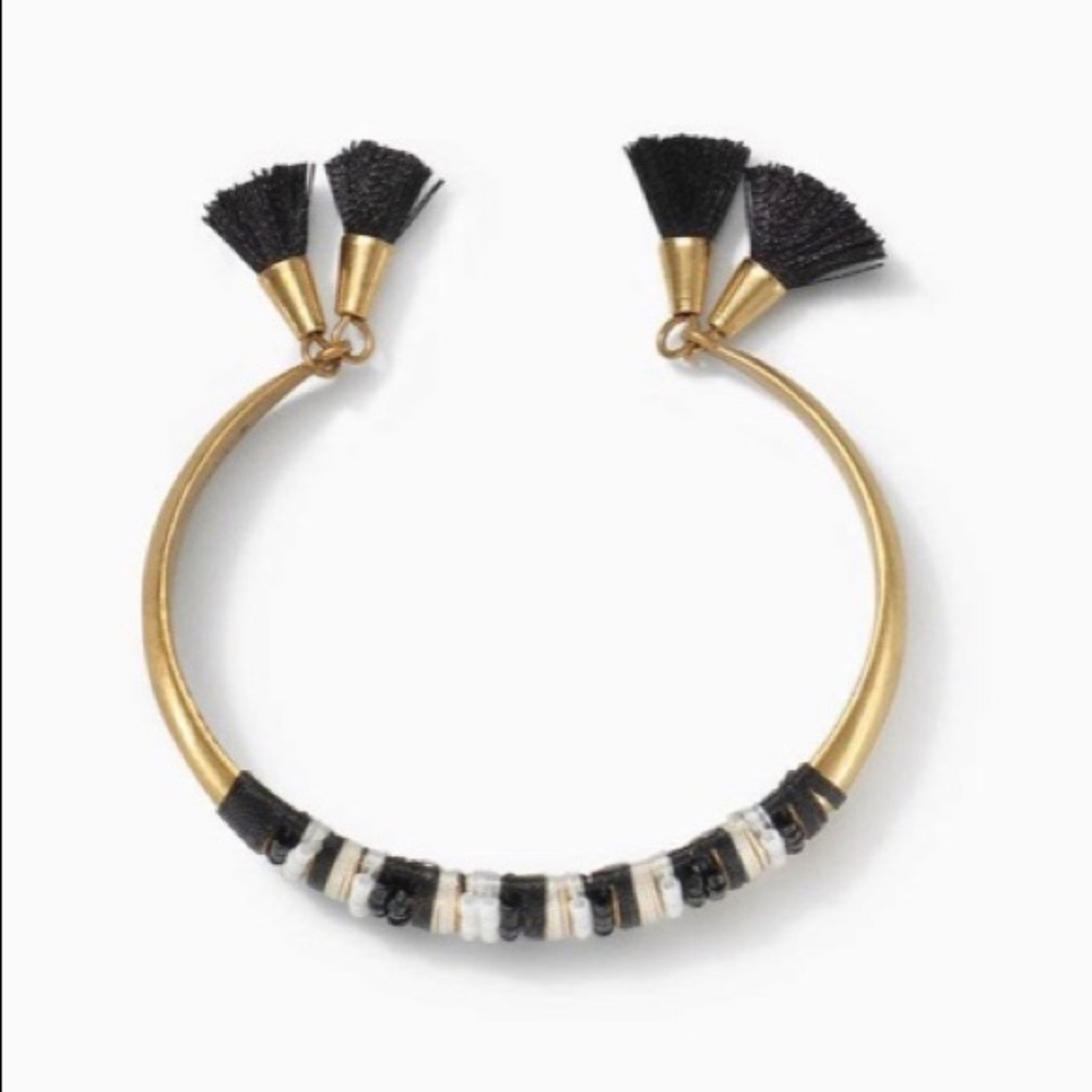 STELLA & DOT Bettina Black White Beaded Tassel Vintage Gold Cuff Bracelet